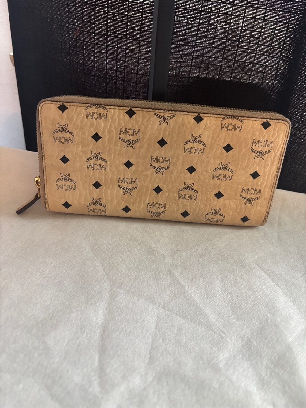 MCM Tan Monogram Zip Wallet with Black Accents